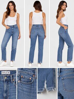 DAZE High Rise Distressed Skinny Jeans Raw Hem Size 27